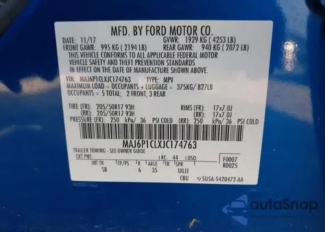 2018 Ford Ecosport Ses из США, поврежденный, VIN MAJ6P1CLXJC174763